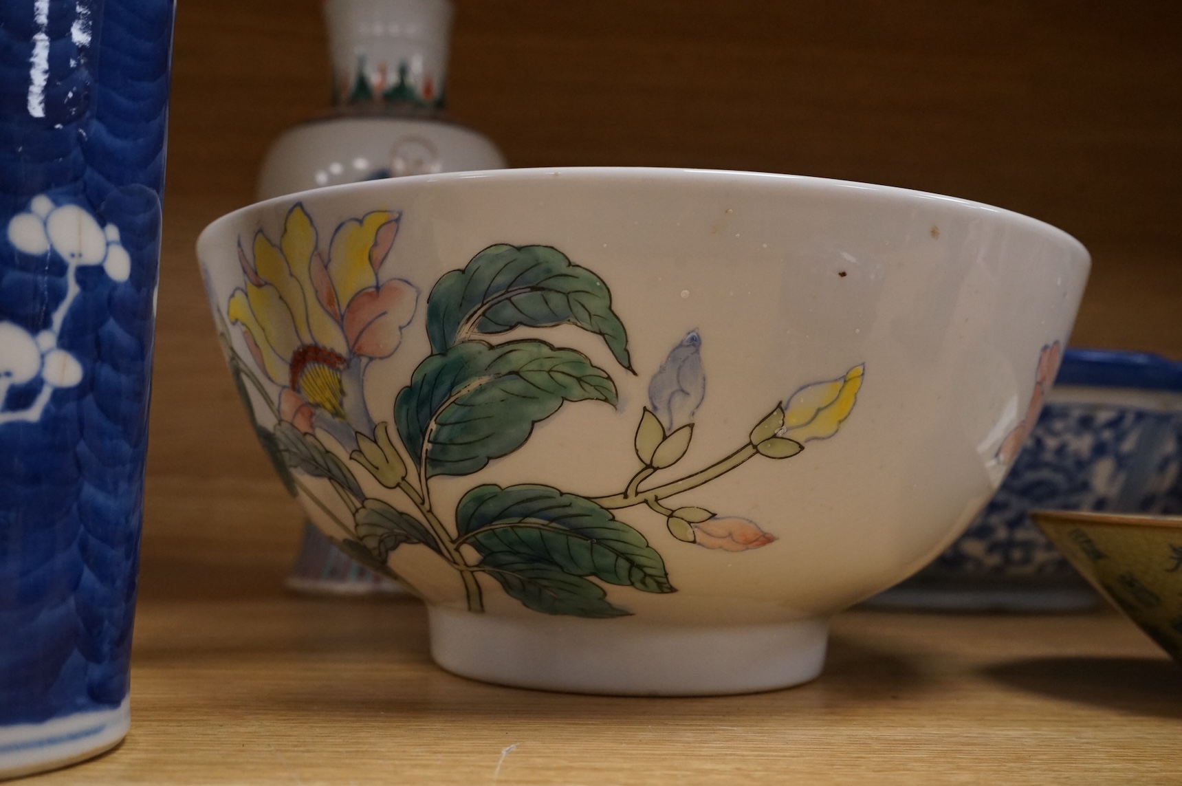A collection of Chinese mixed ceramics, largest blue and white bowl 33cm diameter